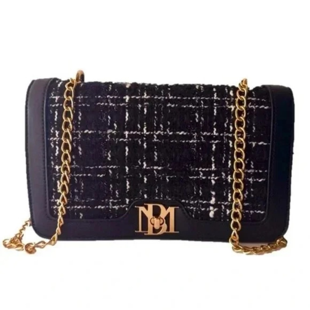 BADGLEY MISCHKA Black & White Wool Tweed Crossbody Vegan Leather Bag